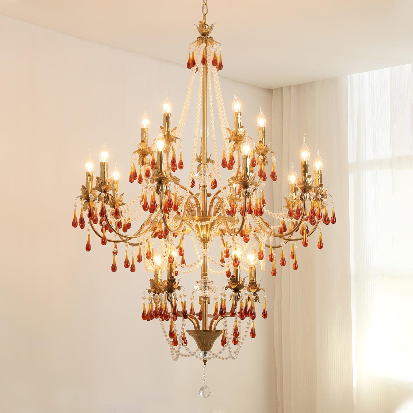 Aureate Amber Crystal Chandelier 5 + 10 + 5 heads Size: ∅ 37.4″ x H 53.1″ / Dia 95cm x H 135cm / Gold & Amber Chandelier