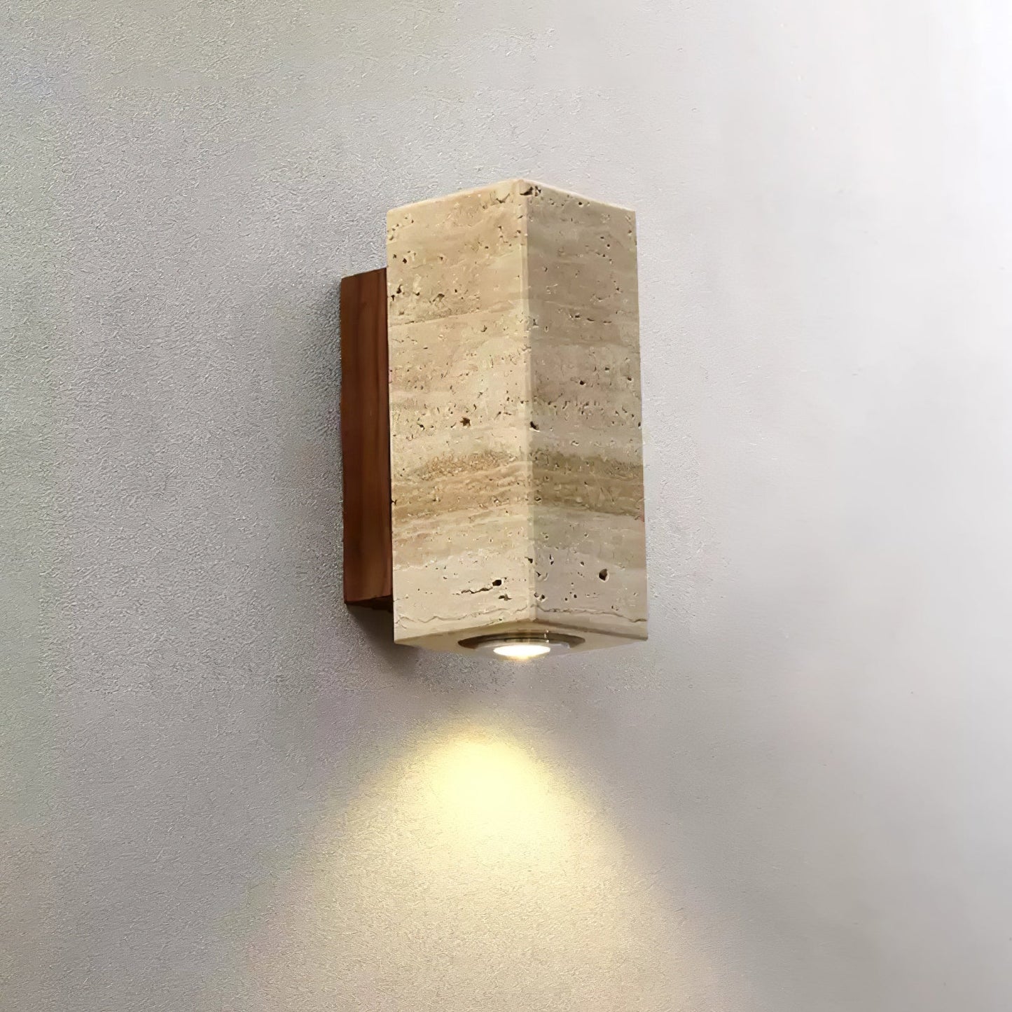 Blend Wall Sconce Model B ∅ 2.6’’ x H 9.1’’ / Walnut Color & Yellow Travertine / Warm Light Wall lamp