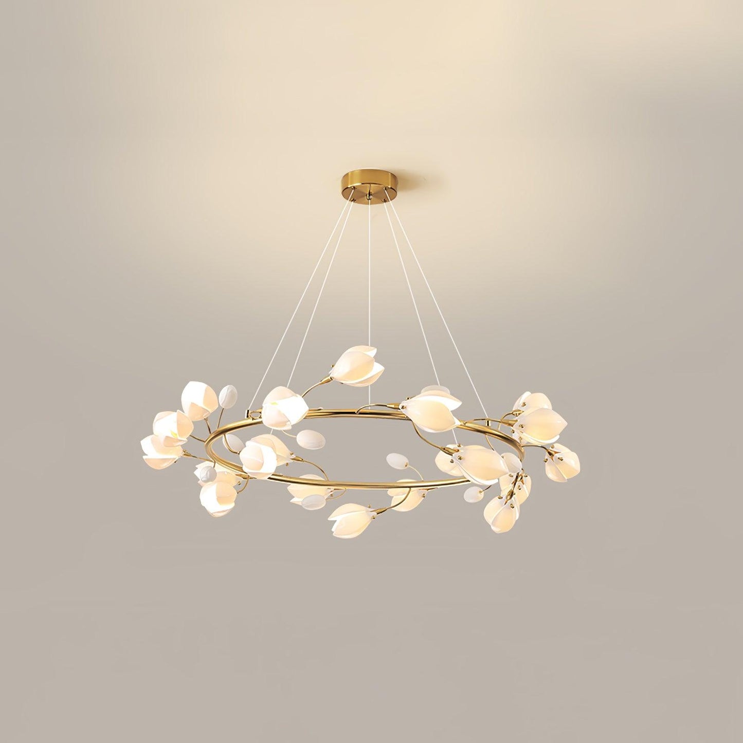 Porcelain Magnolia Chandelier 20 heads ∅ 39.4″ x H 11.8″ / Dia 100cm x H 30cm / Gold & White Ceramic Chandelier