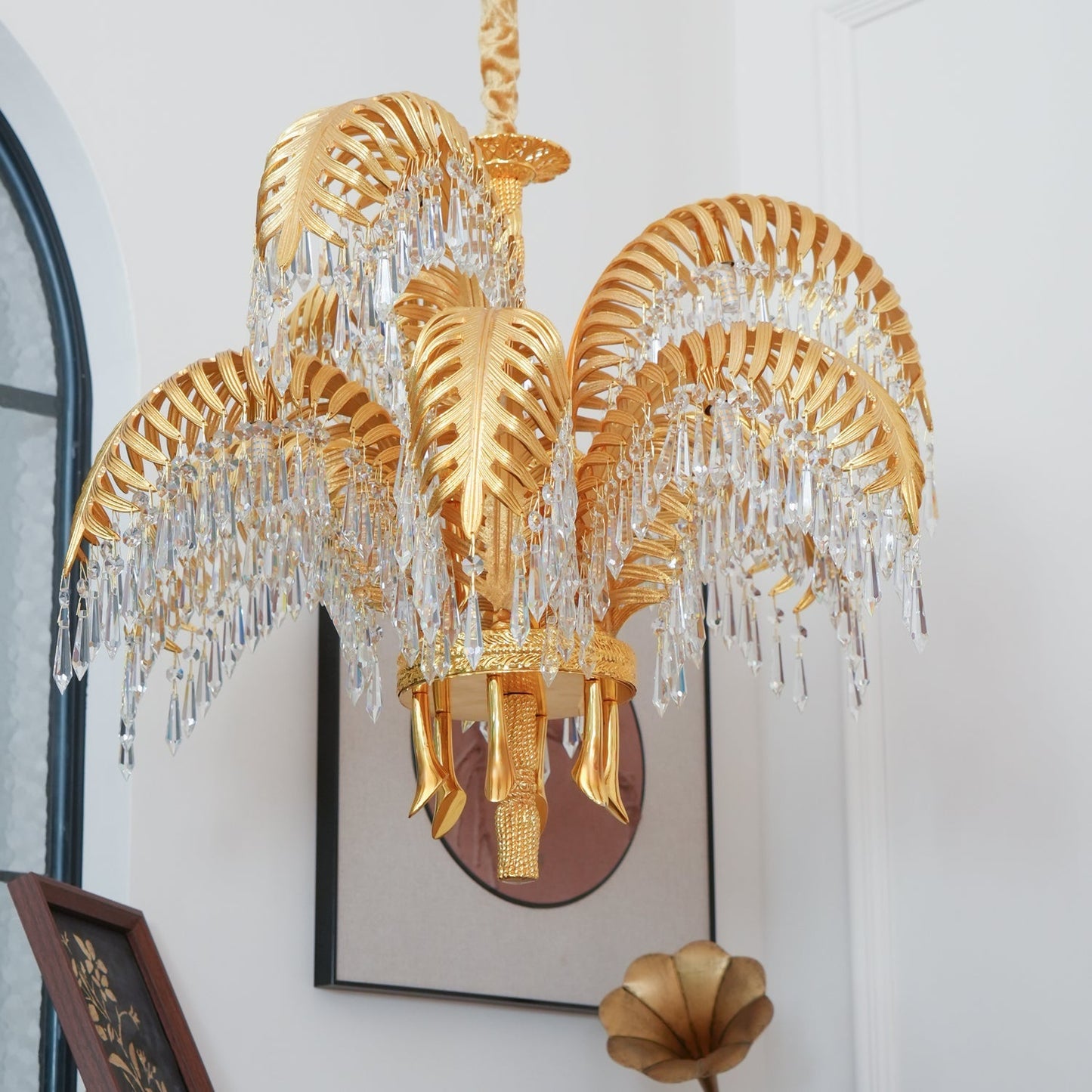 Brass Palm Leaf Crystal Chandelier Chandelier
