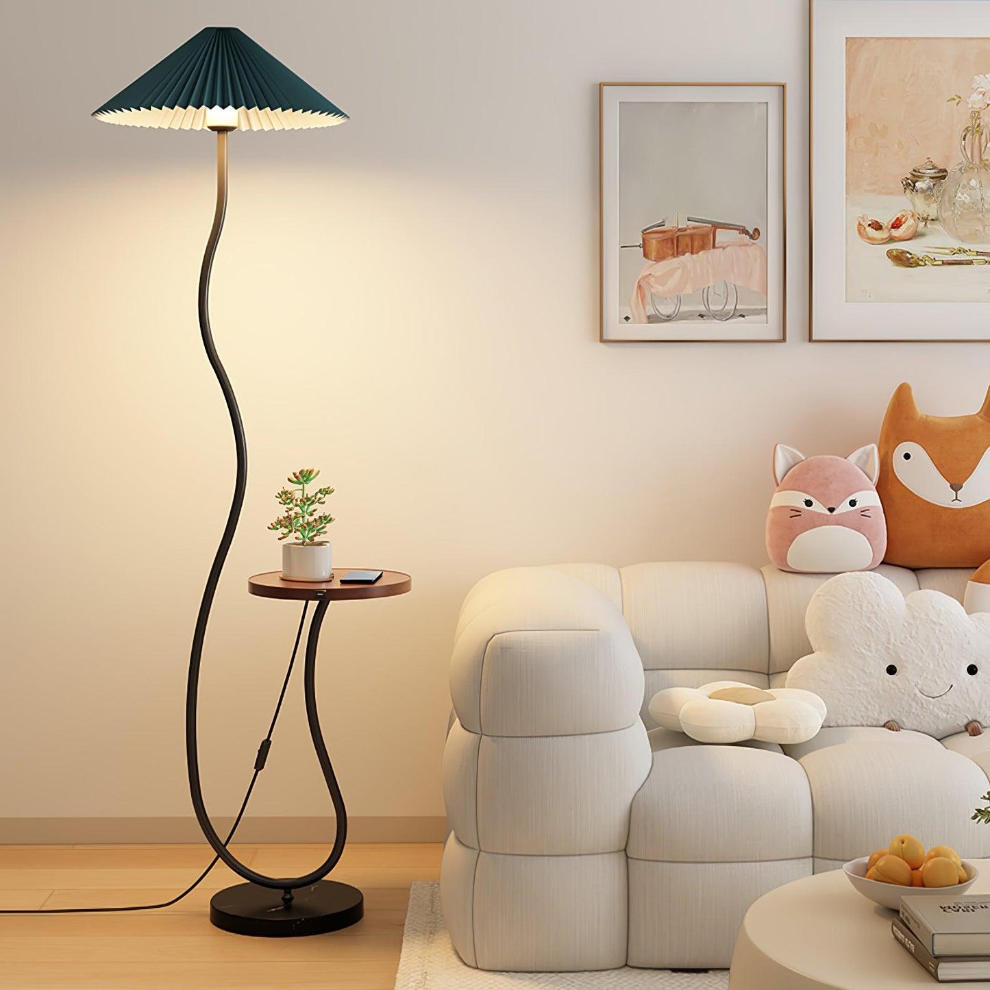 Curvatura Floor Lamp ∅ 18.9″ x H 63.4″ / Dia 48cm x H 161cm / Black & Black marble & Green fabric / US Plug Floor lamp