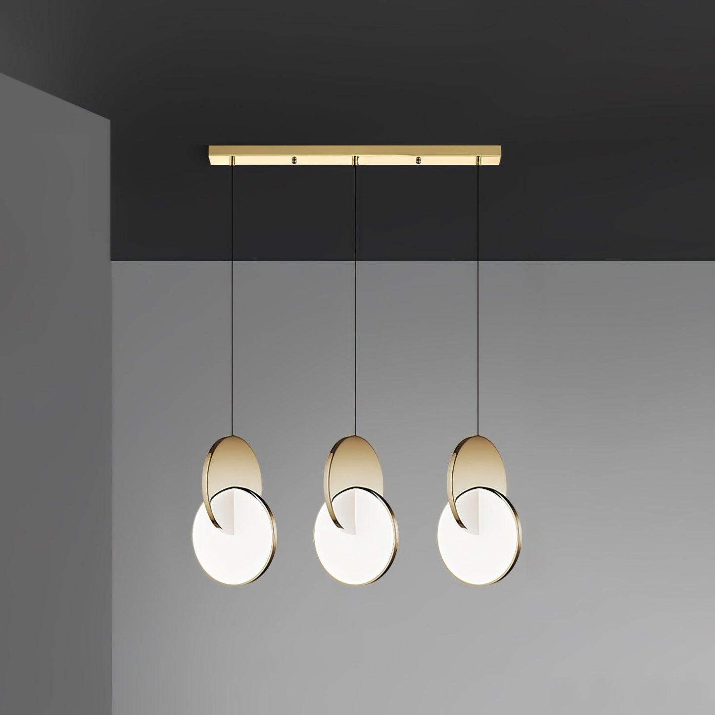 Double Disk Pendant Lamp 3 heads L 29.5″ x W 7.9″ x H 59″ / L 75cm x W 20cm x H 150cm / Gold / Warm Light Pendant light
