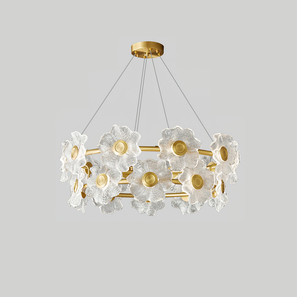 Flora Glass Chandelier 10 + 10 Heads ∅ 31.5″ x H 13.8″ / Dia 80cm x H 35cm / Brass / Warm Light Pendant light