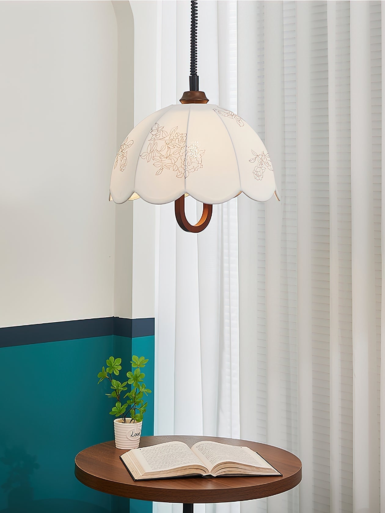 Floral Grace Pendant Lamp ∅ 18.1″ x H 18.1″ / Walnut color & White Pendant light