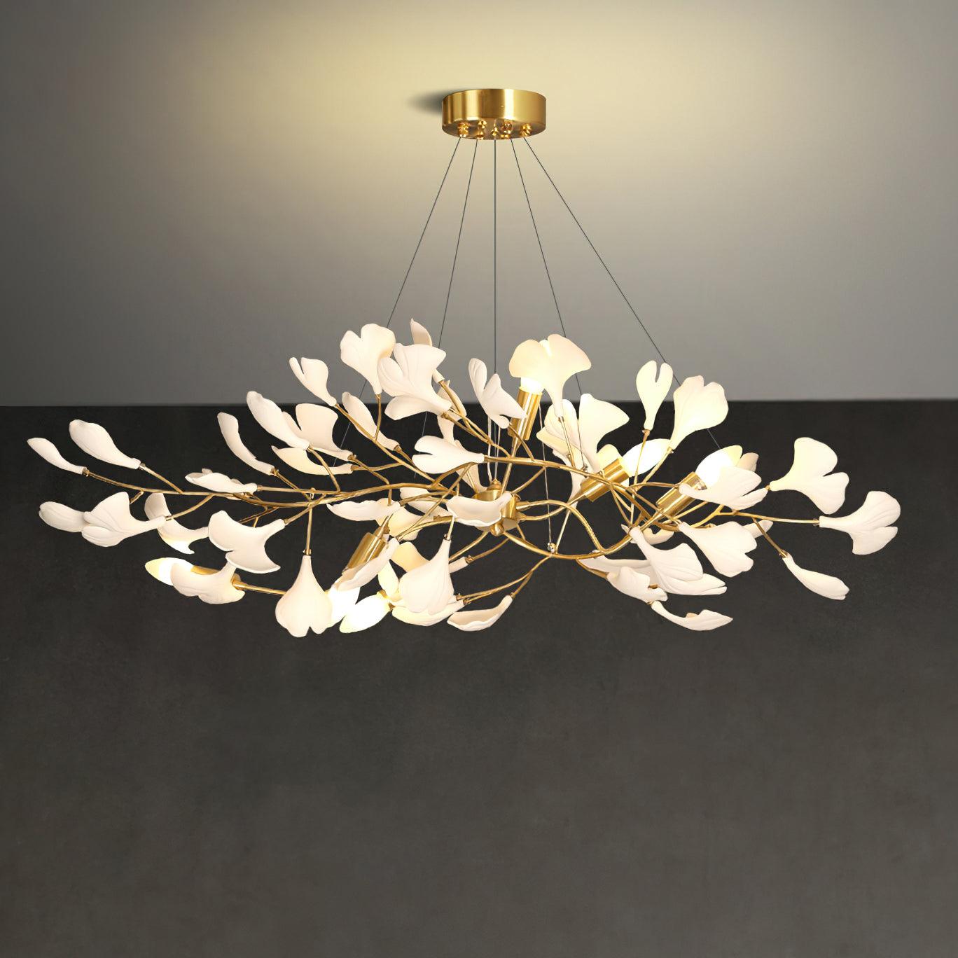 Gingko Chandelier I Model B L 43.3″ x W 21.7″ x H 11.8″ / L 110cm x W 55cm x H 30cm / Gold & White Chandelier