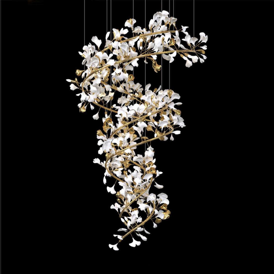 Gingko Chandelier Q ∅ 47.2″ x H 118.1″ / Dia 120cm x H 300cm Suitable for spaces higher than 17 feet / Gold + White