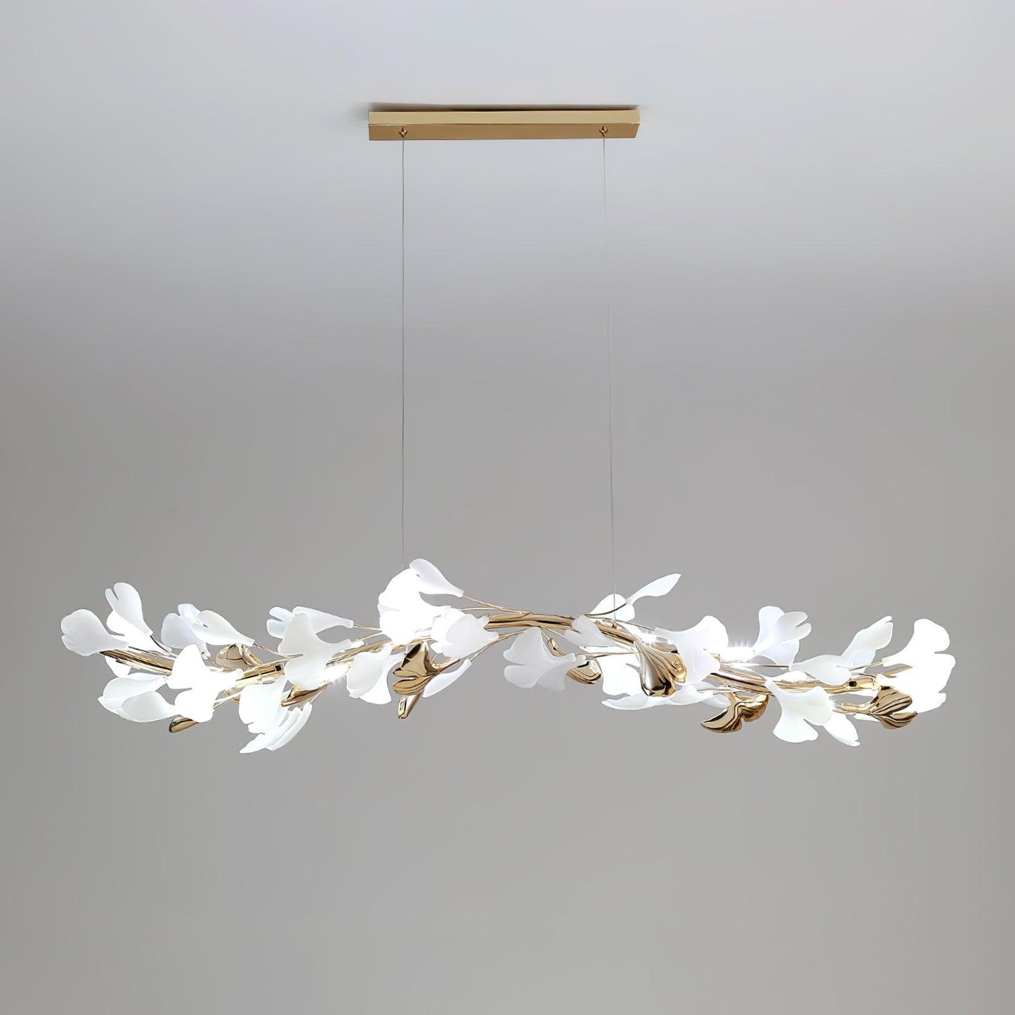 Gingko Chandelier T Model D L 120cm x W 20cm x H 20cm / L 47.2″ x W 7.9″ x H 7.9″ (G9*8) Gold & White Chandelier