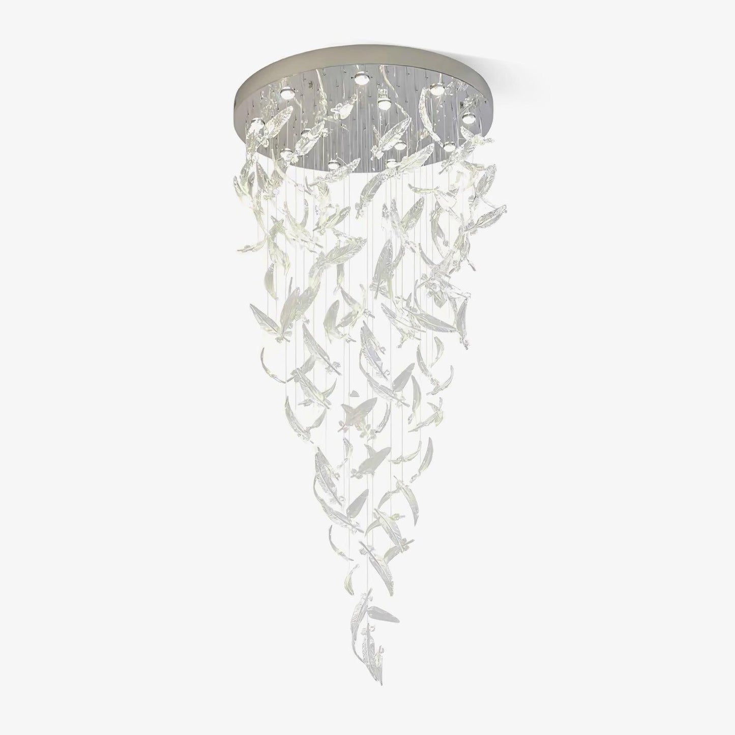 Glass Feathers Chandelier ∅ 31.5″ x H 59″ / Dia 80cm x H 150cm / Chrome & Clear glass Chandelier