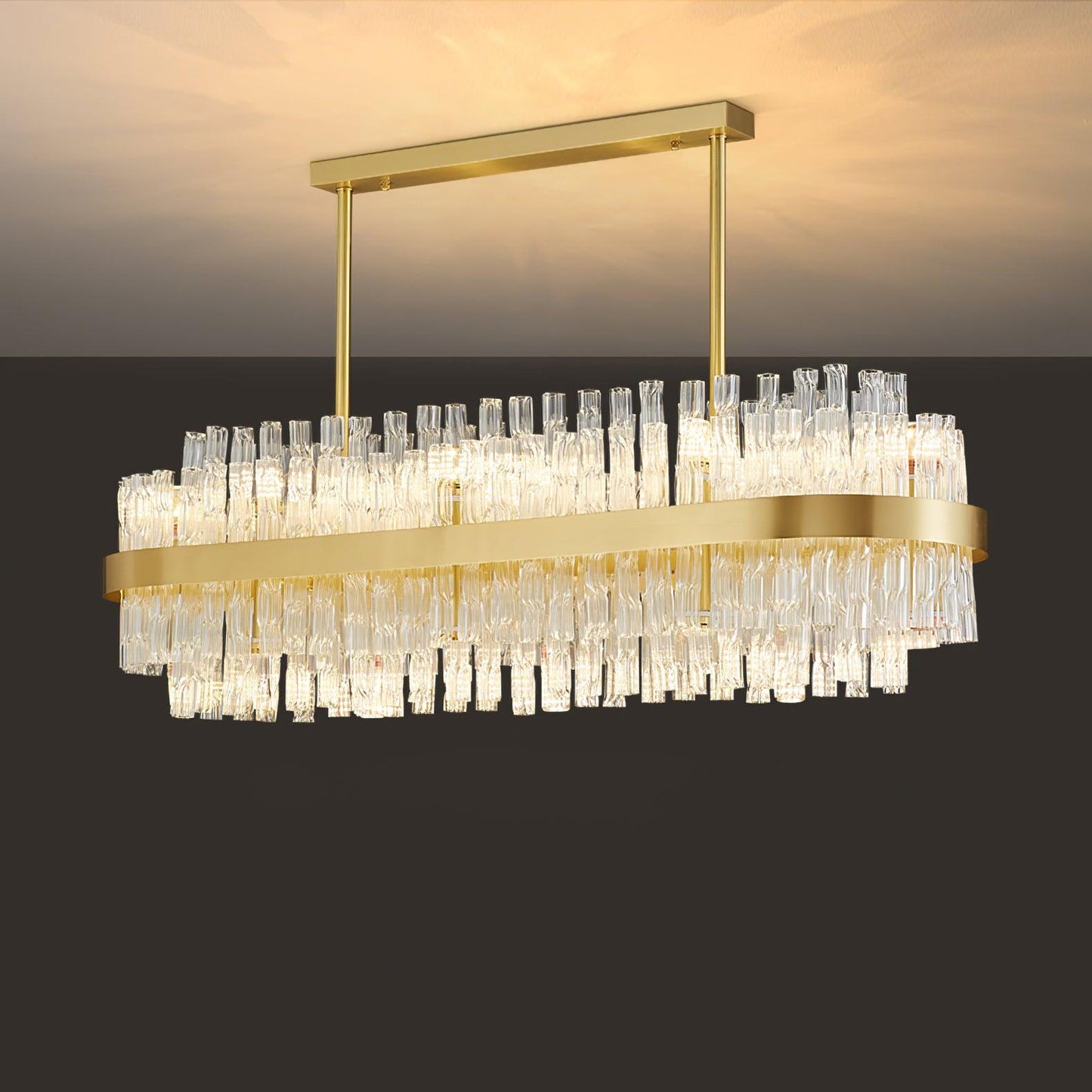 Gold & Clear Rod Chandelier 10 heads L 33.5″ x W 13.8″ x H 15.7″ / L 85cm x W 35cm x H 40cm / Gold + Opaque Chandelier