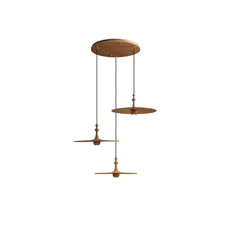 Spindle Disc Pendant Lamp Round canopy 3 heads: ∅ 11.8″ x H 59.1″ / Wood Color Pendant light