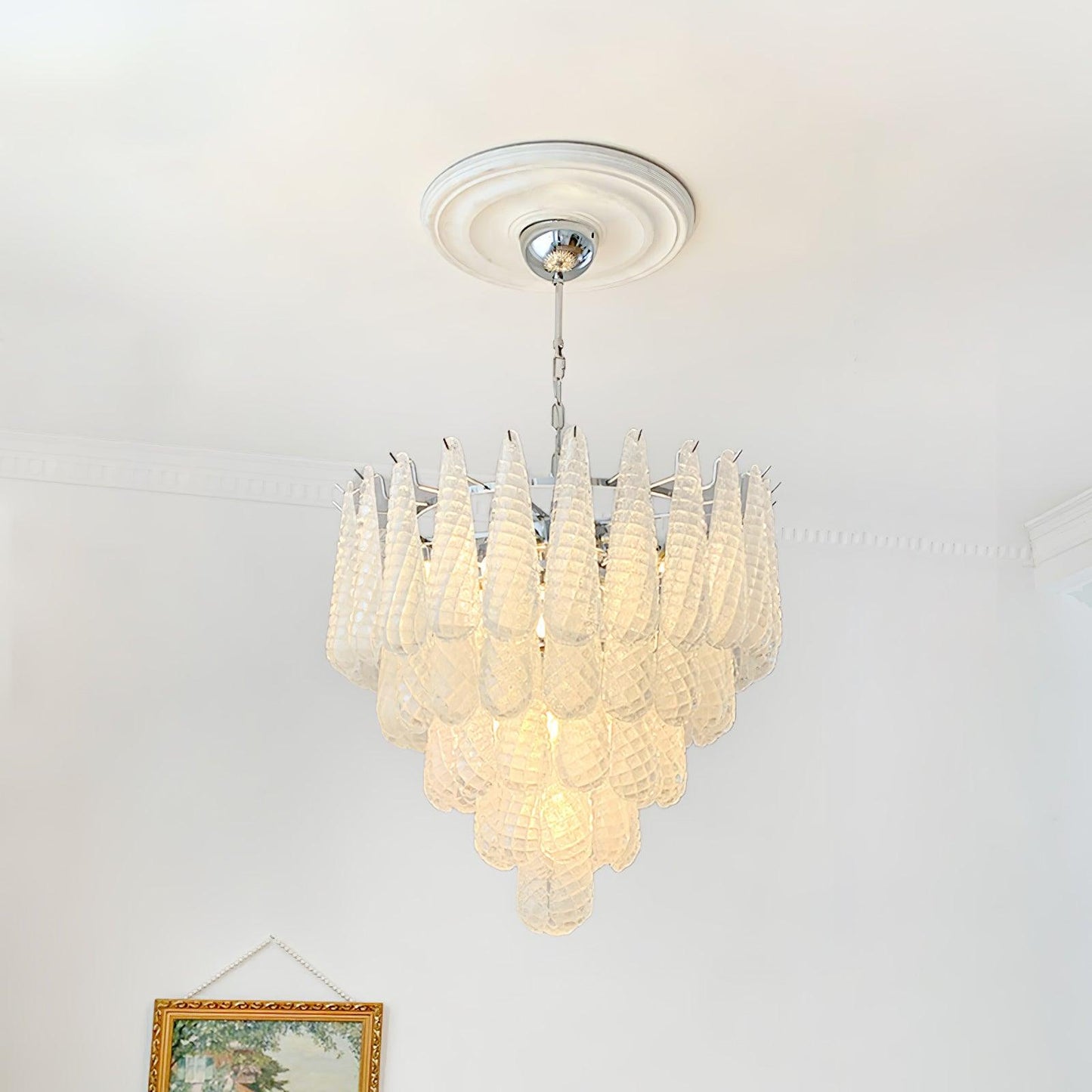Grid Glass Waterfall Chandelier ∅ 26″ x H 24.8″ / Dia 66cm x H 63cm / Chrome & White Chandelier