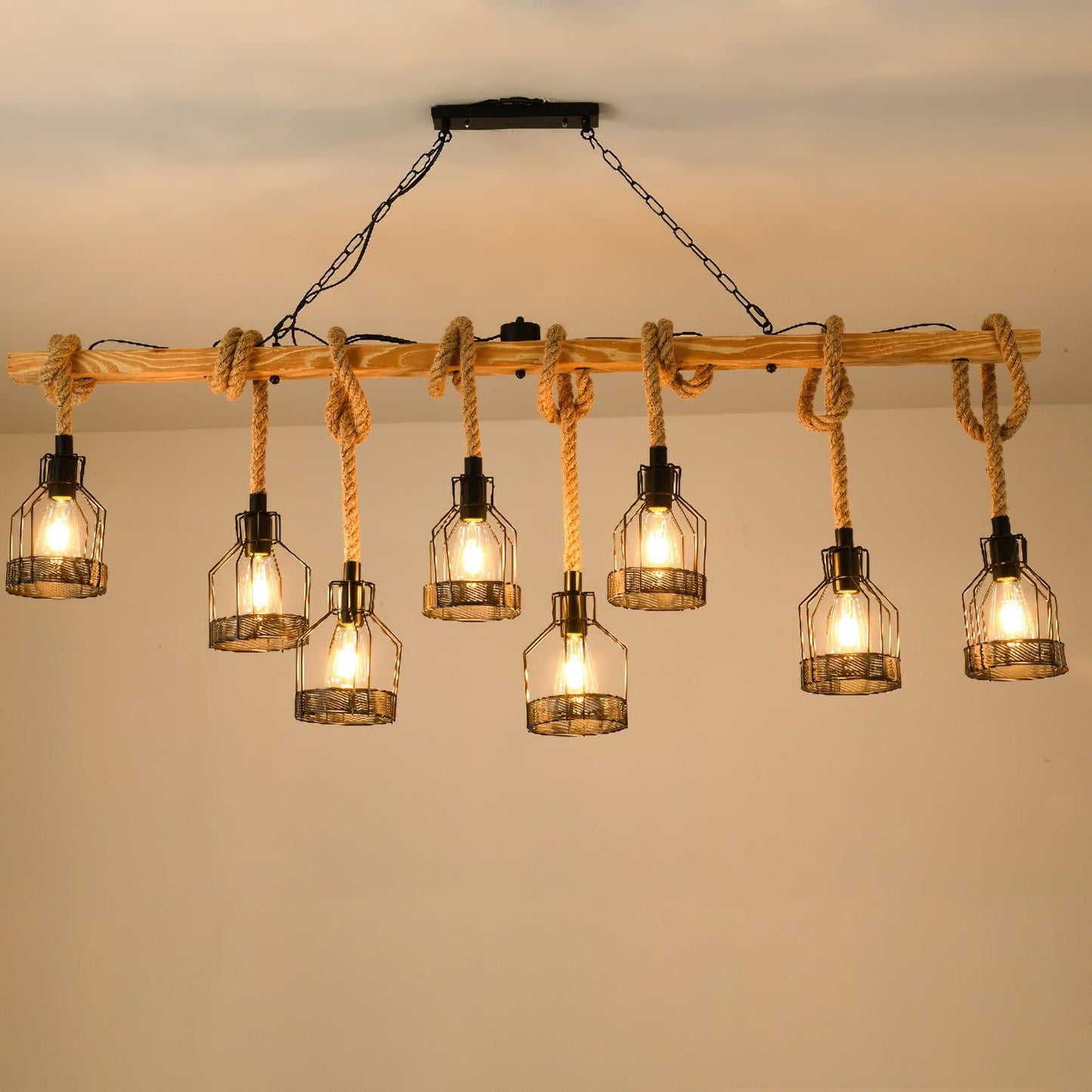 Hemp Rope Industrial Grenade Chandelier 8Heads L 59.1″ x H 23.6″ / L 150cm x H 60cm / Wood color & Linen color