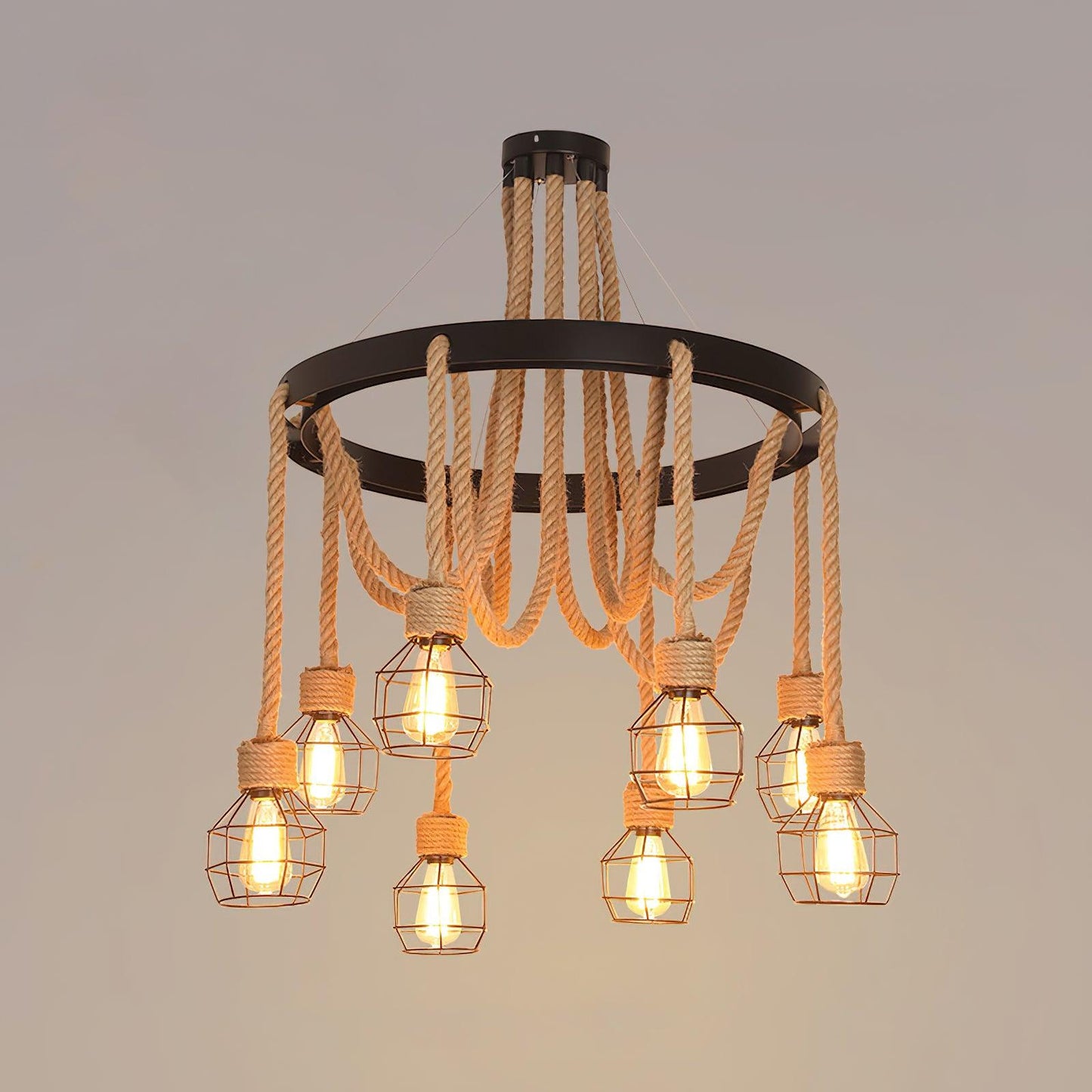 Hemp Rope Industrial Starfall Chandelier 8Heads ∅ 30.7″ x H 47.2″ / Dia 78cm x H 120cm / Black & Linen color Chandelier