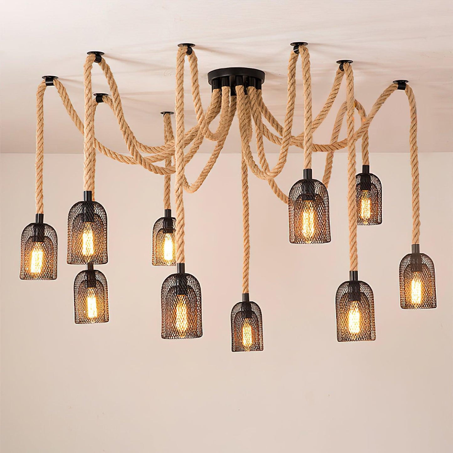 Hemp Rope Scattered Flower Chandelier Model D ∅ 59.1″ x H 39.4″ / Dia 150cm x H 100cm / Black & Linen color Chandelier