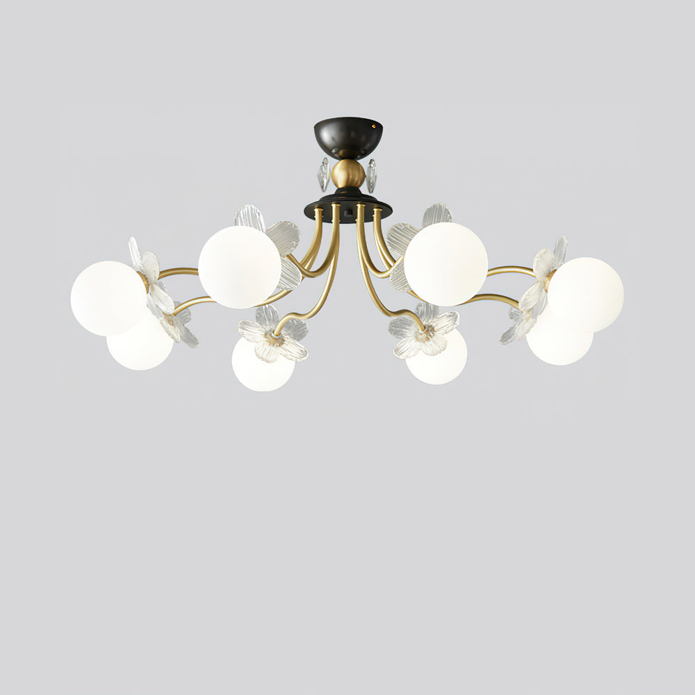Blossom Flower Glass Chandelier 8 Heads ∅ 35.4″ x H 15.7″ / Dia 90cm x H 40cm / Brass & White Ceiling lamp