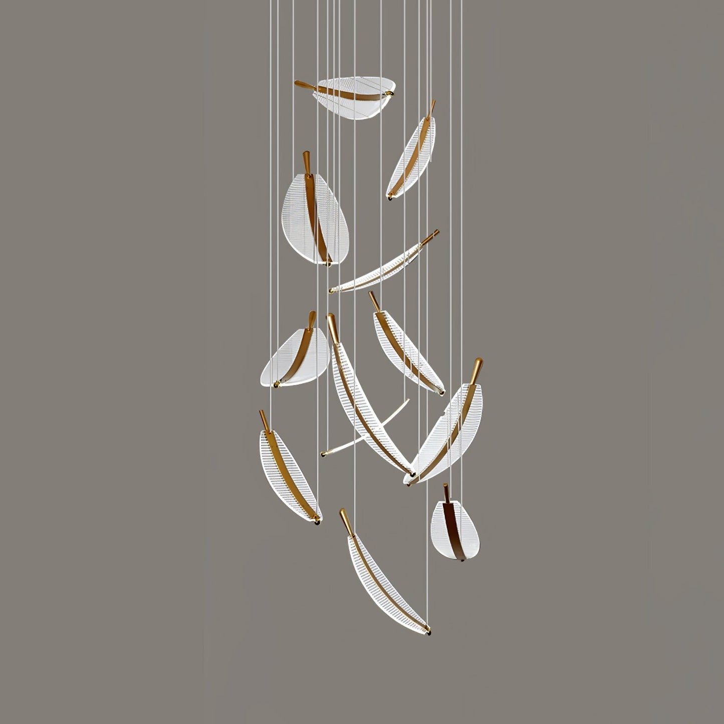 Leaf LED Chandelier 12 heads ∅ 31.5″ x H 118.1″ / Dia 100cm x H 350cm / Gold + Clear / Warm Light Chandelier
