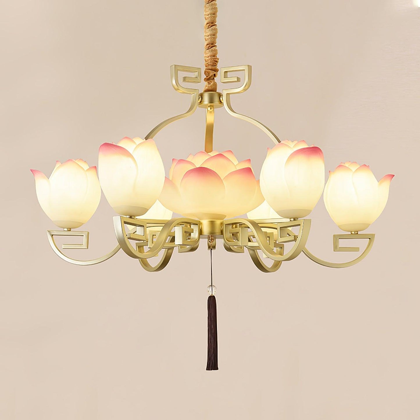 Lotus Bloom Chandelier 7 Heads ∅ 33.5″ x H 18.1″ / Dia 85cm x H 46cm / Gold & White & Pink Chandelier