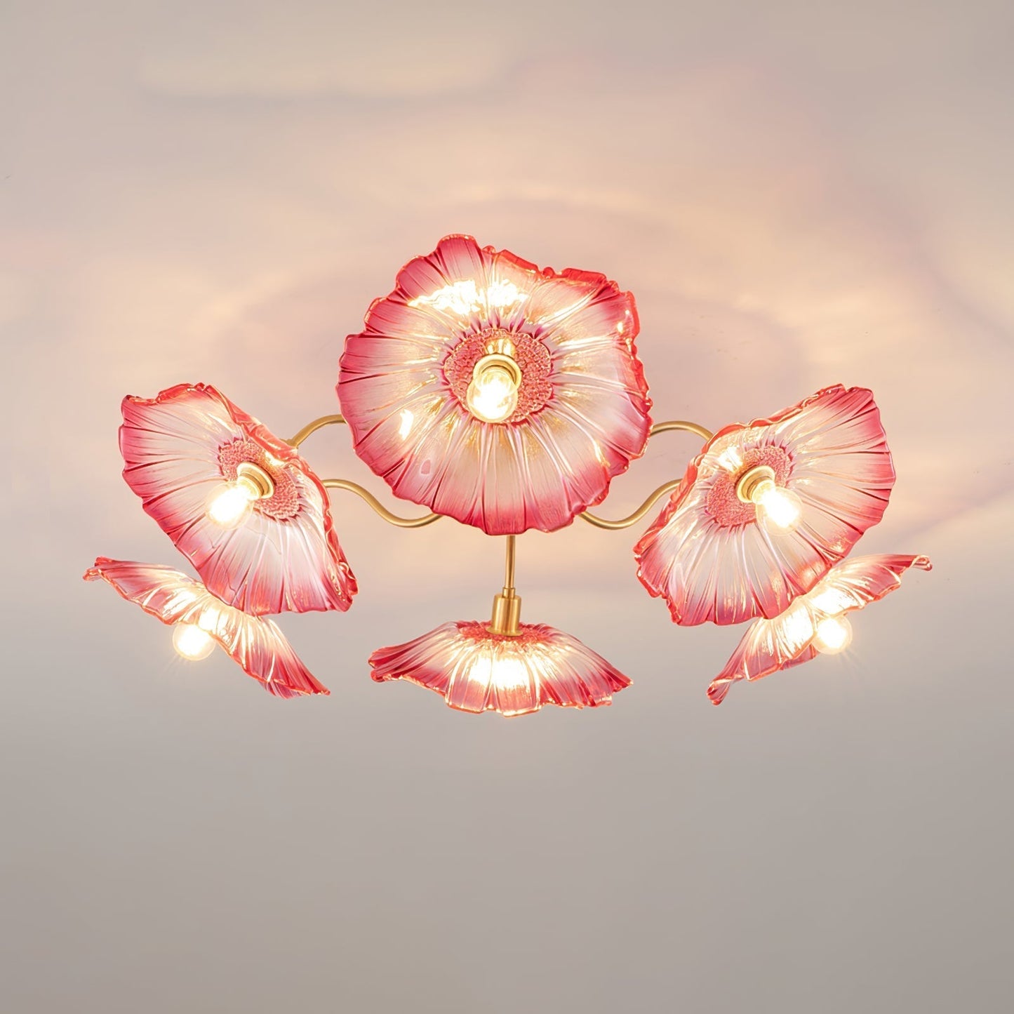 Lotus Leaf Glass Ceiling Lamp 6 heads ∅ 39.4″ x H 10.3″ / Dia 100cm x H 26cm / Gold + Pink Ceiling lamp