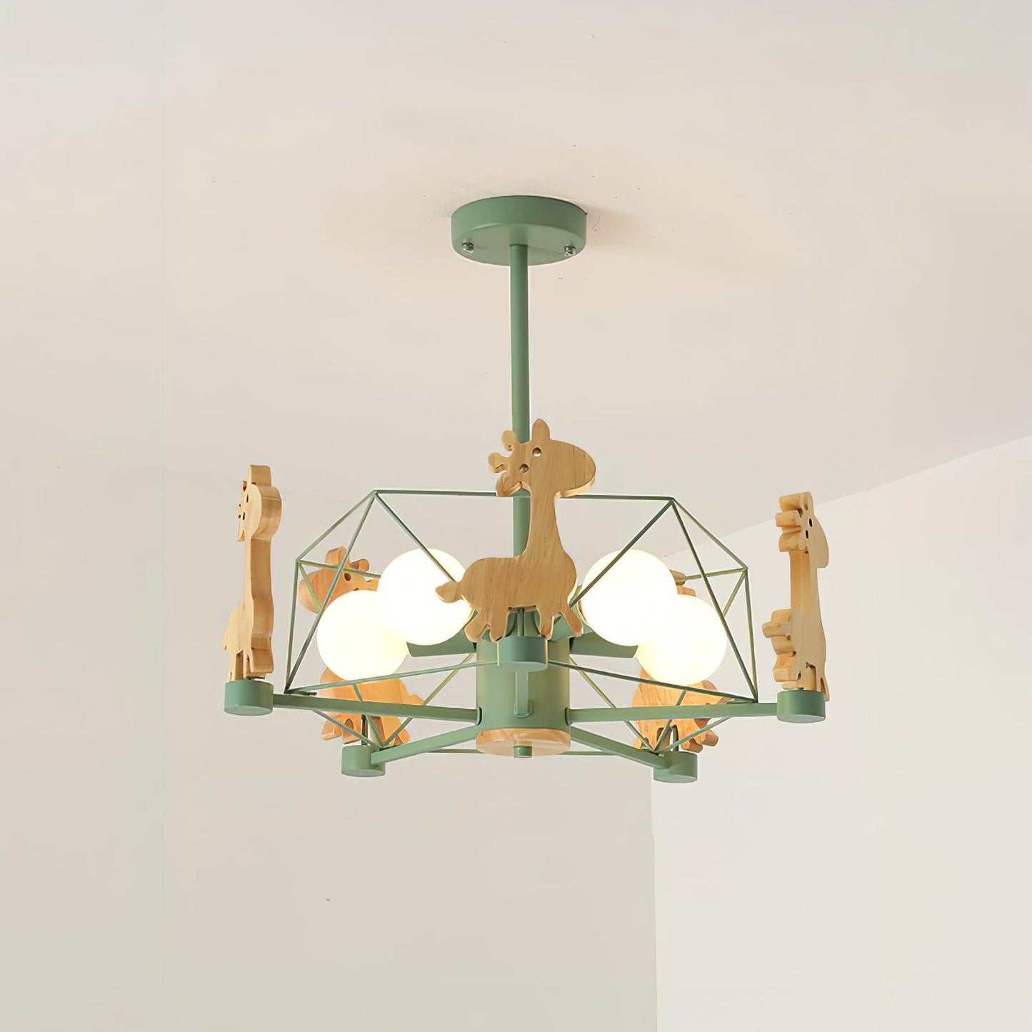 Lovely Deer Wooden Chandelier ∅ 20.8″ x H 18.5″ / Dia 53cm x H 47cm / Green & Natural wood Chandelier