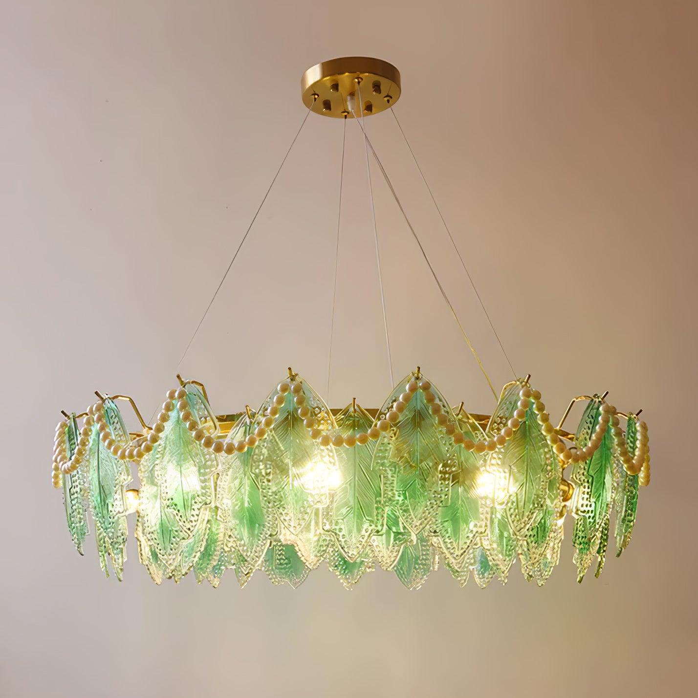 Maple Leaf Glass Chandelier ∅ 31.5″ x H 8.3″ / Dia 80cm x H 21cm / Pearl style: Green glass Chandelier