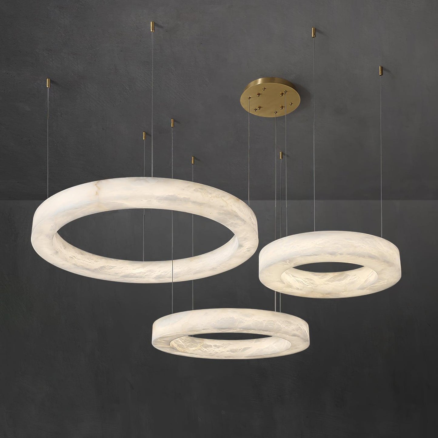 Marika Alabaster Chandelier 3 Rings L 23.6″+31.5″+39.4″ / 60cm + 80cm + 100cm / Brass & White Alabaster / Warm White