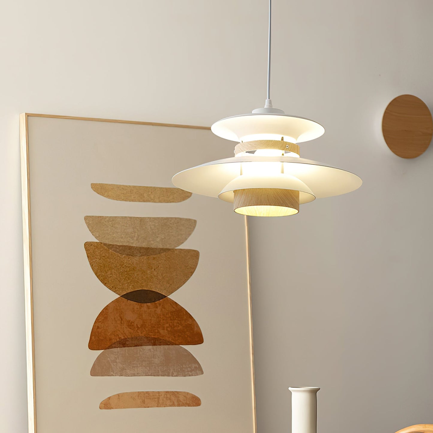 Mercero Pendant Lamp ∅ 13.8″ x H 7.5″ / Dia 35cm x H 19cm / White + wood color Pendant light