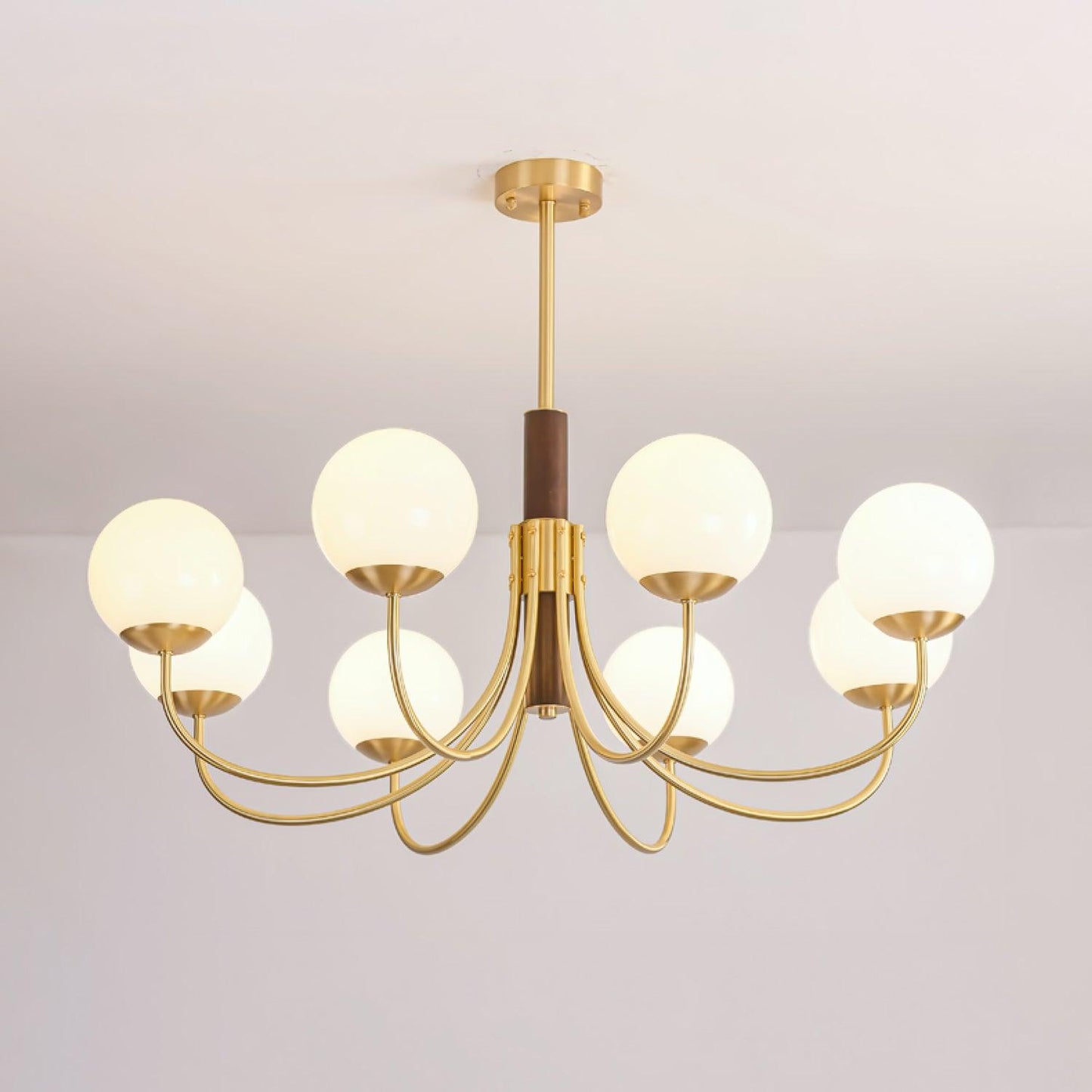 Midas Touch Walnut Sphere Chandelier 8 heads ∅ 37.4″ x H 30.3″ / Dia 95cm x H 77cm / Brass & Walnut color & White