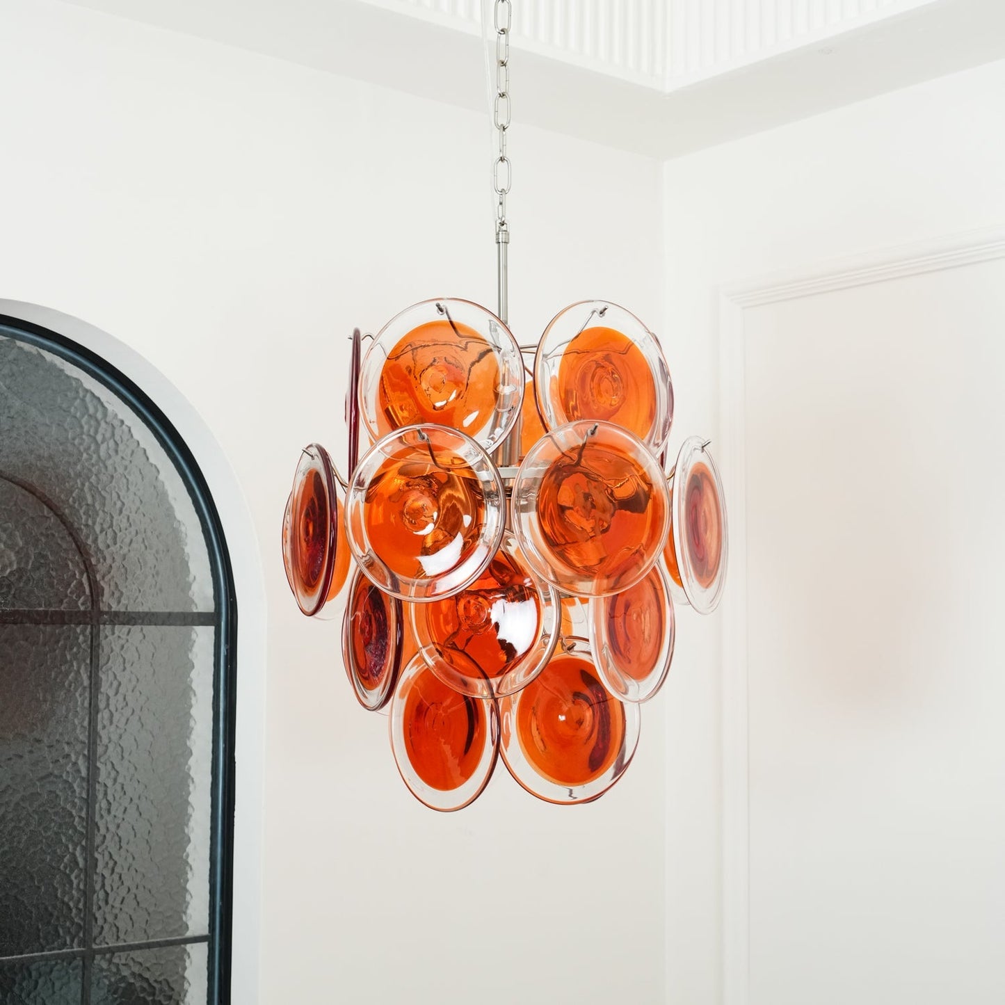 Murano Orange Disk Glass Chandelier ∅ 19.7″ x H 21.3″ / Chrome & Orange Chandelier