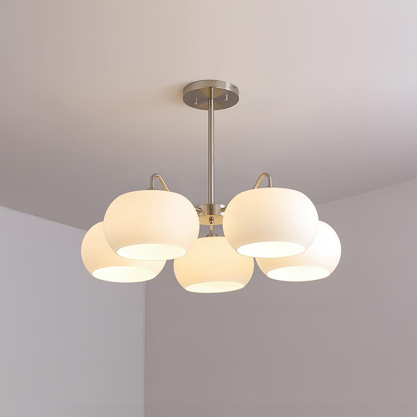 Nickel Glass Persimmon Chandelier 5 Heads ∅ 35.4″ x H 11.8″ / Dia 90cm x H 30cm / Nickel & White Chandelier