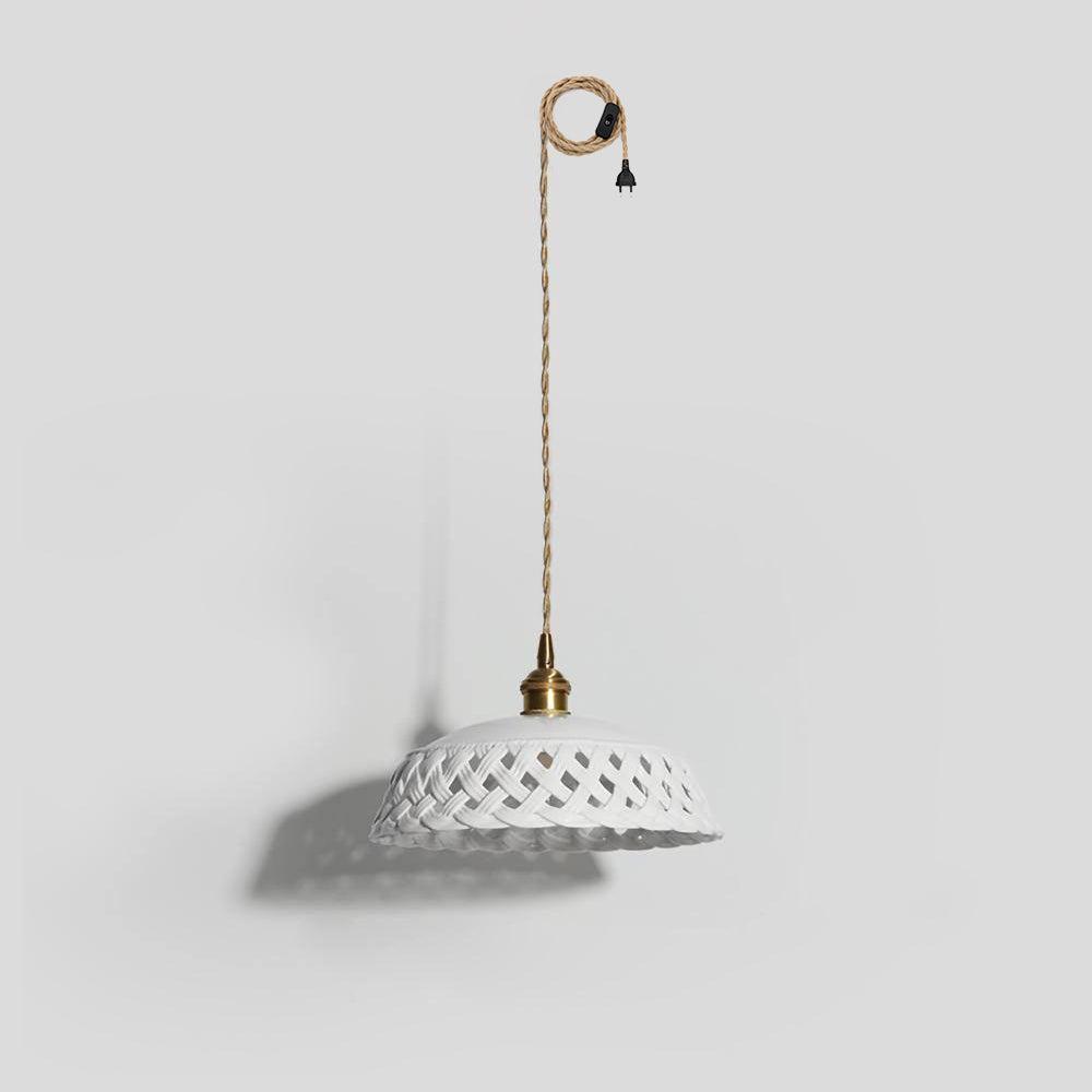 Openwork Ceramic Swag Light ∅ 10.2″ x H 3.9″ / Dia 26cm x H10cm (2 hooks) / Brass & White / US Plug Pendant light