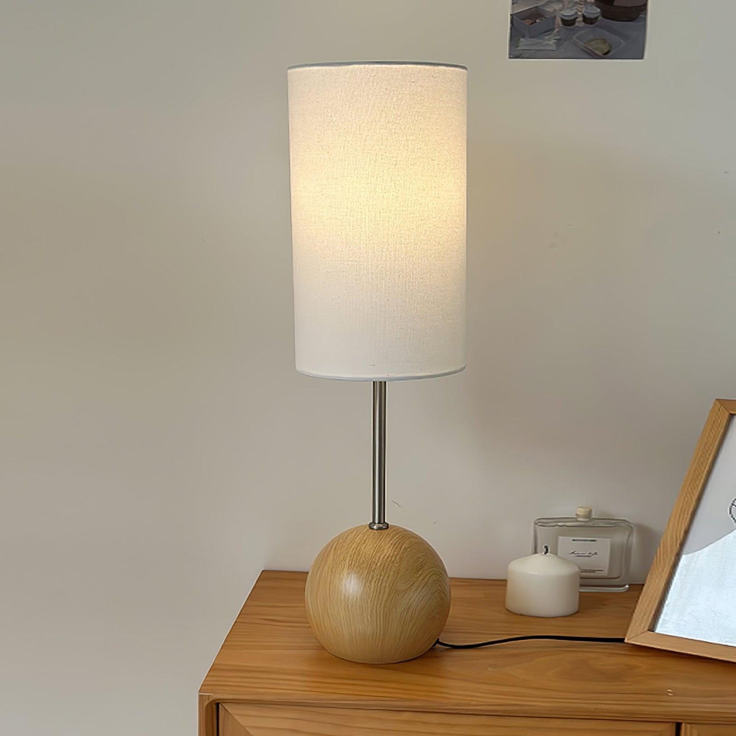 Orbis Wooden Sphere Table Lamp ∅ 7.9″ x H 26.8″ / Dia 20cm x H 68cm / Nature Wood & White / US Plug Table lamp