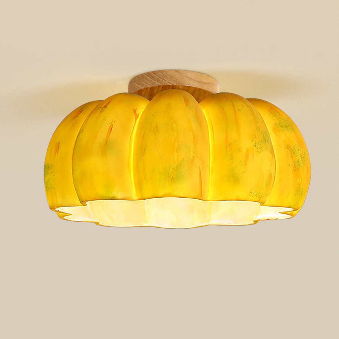 Pumpkin Ceiling Light ∅13.8″ x H 7.7″ / Dia 35cm x H 19.5cm / Yellow & Wood color Ceiling lamp