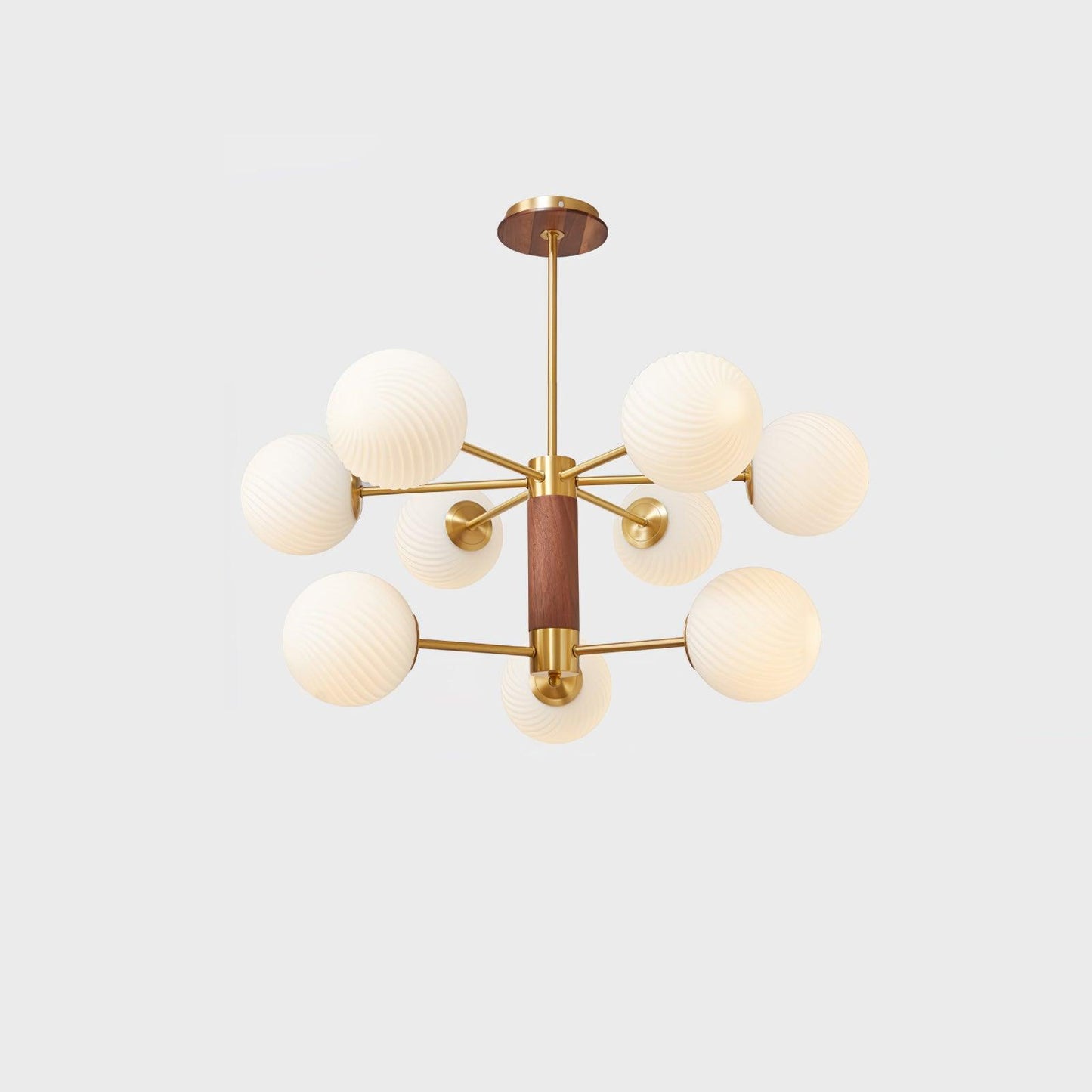 Ribbed Babble Glass Chandelier 9 Heads ∅ 29.5″ x H 14.2″ / Dia 75cm x H 36cm / Brass & Walnut & White Chandelier