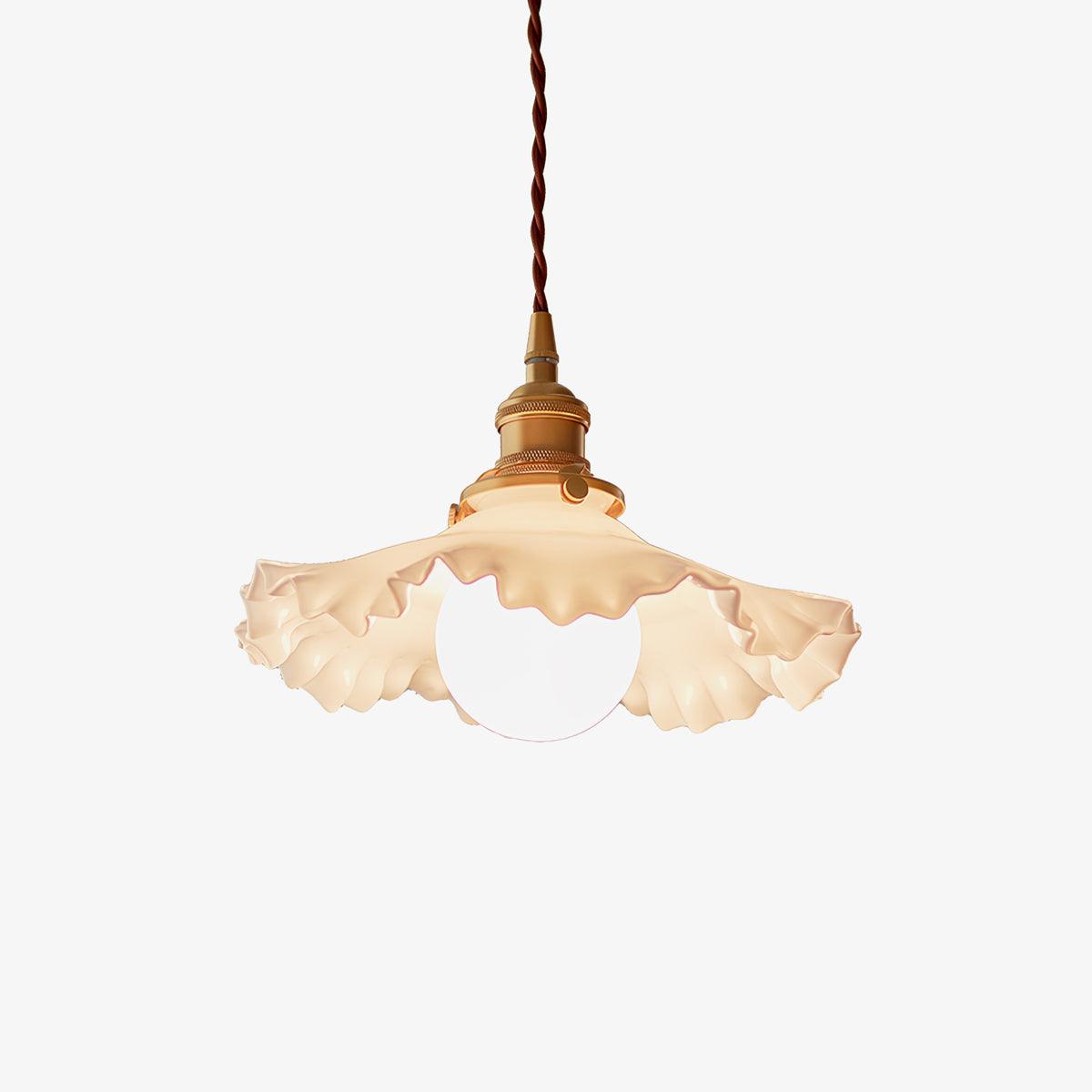 Small Floral Pendant Lamp ∅ 9.8″ x H 5.9″ / Dia 25cm x H 15cm / Brass & White Pendant light