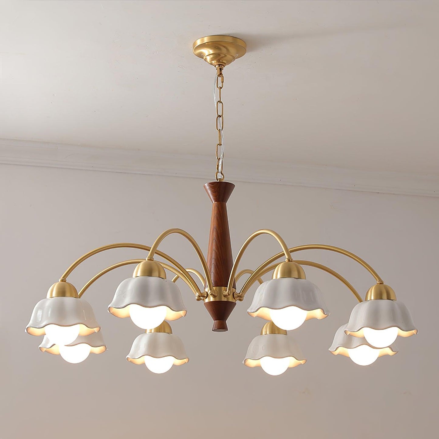 Swedish Modern Brass Chandelier 8 heads ∅ 39″ x H 16.9″ / Dia 100cm x H 43cm / Brass & Walnut wood Chandelier