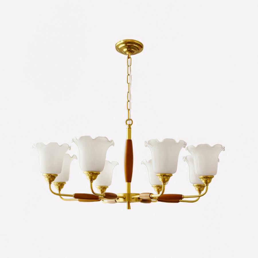 Trumpet Flower Glass Chandelier 8 heads ∅ 31.5″ x H 15″ / Dia 80cm x H 38cm / Brass + Wooden&White Chandelier
