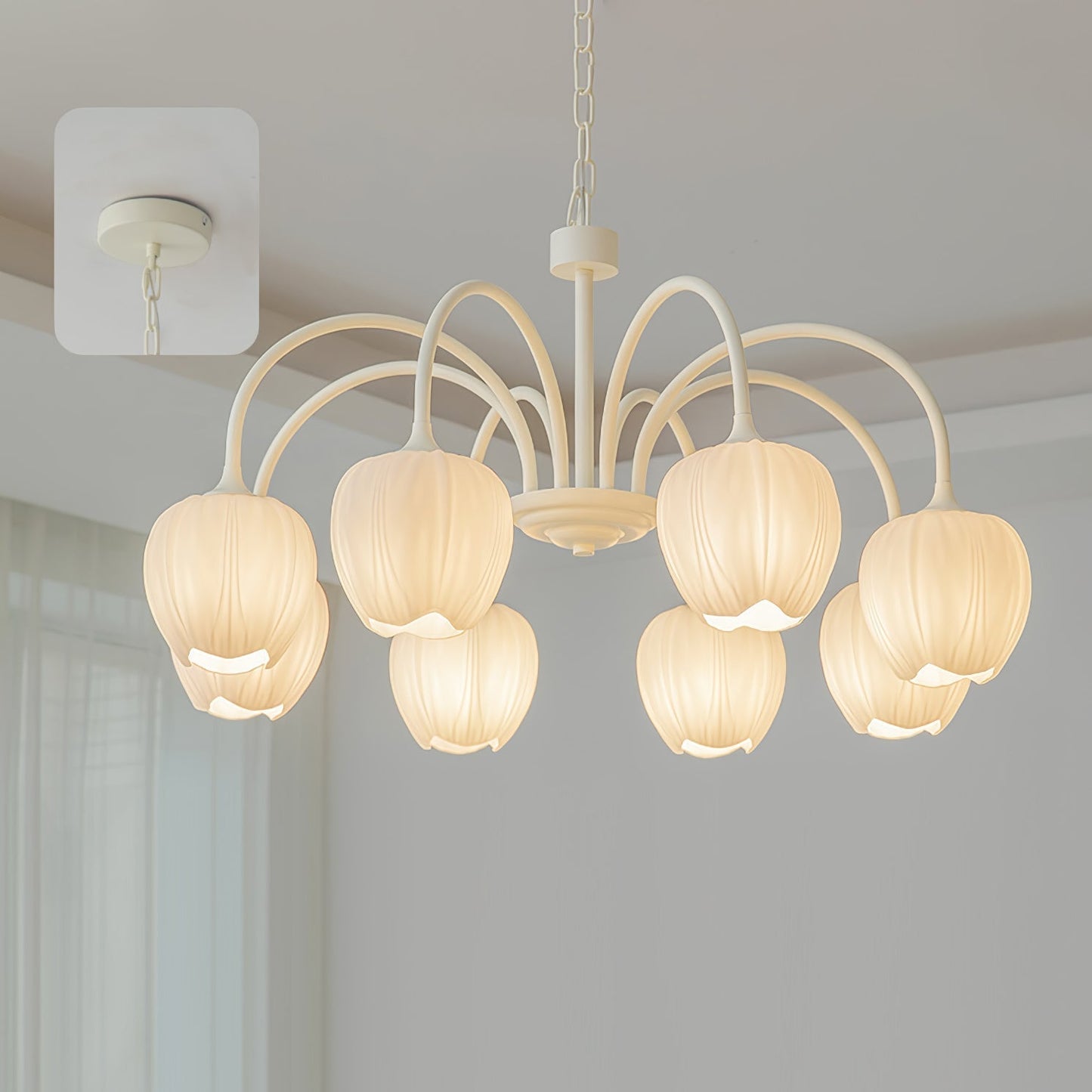 Tulip Matcha Chandelier 8 heads ∅ 30.7″ x H 15.7″ / Dia 78cm x H 40cm / Creamy white & White glass Chandelier