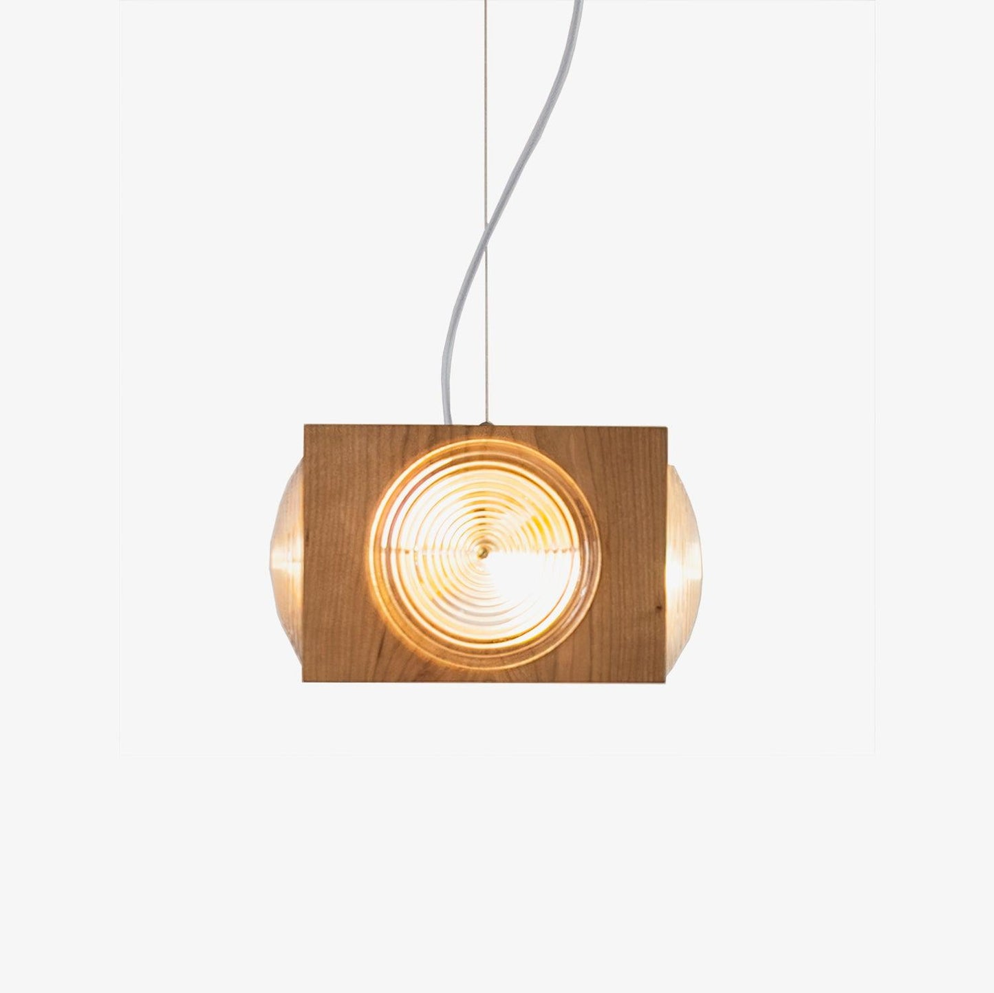 Camera Pendant Lamp ∅ 11″ x H 6.7’’ / Dia 28cm x H 17cm / Cherry wood color & Opaque striped glass Pendant light