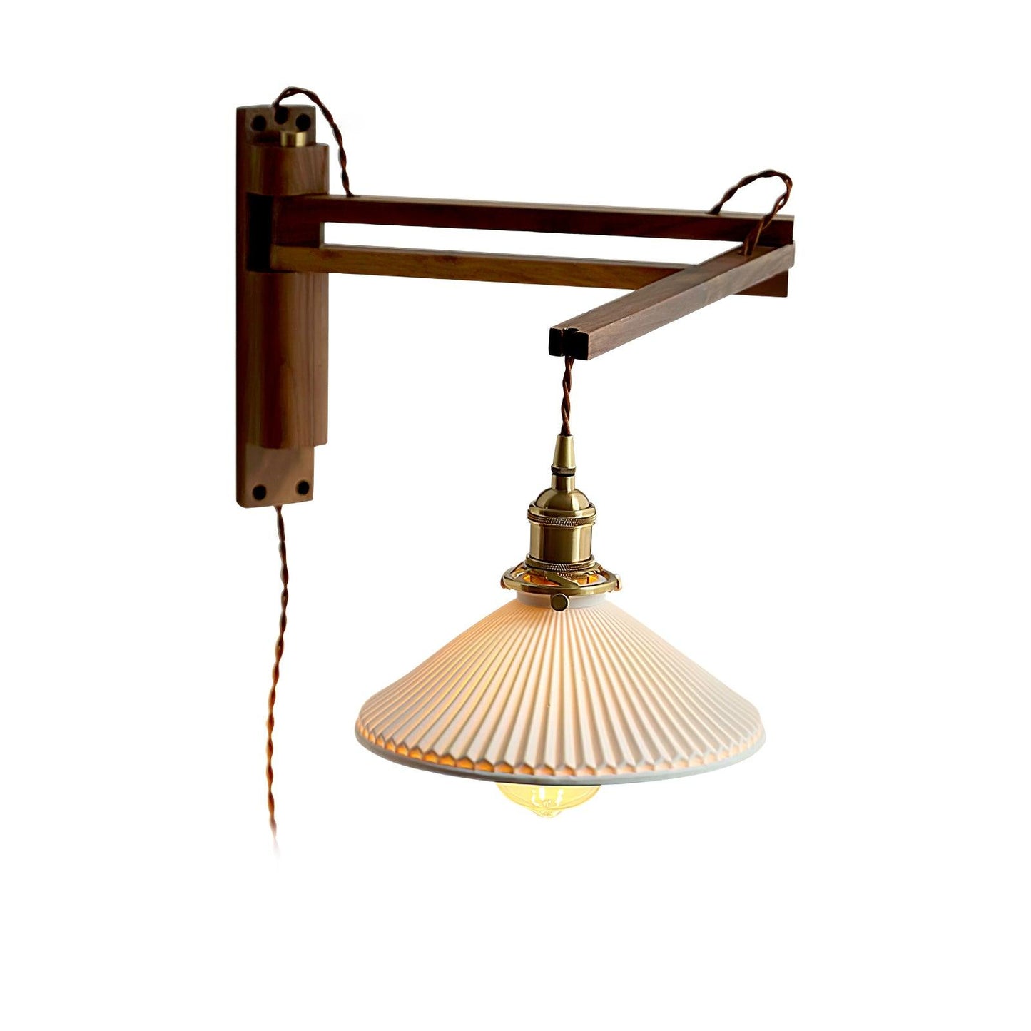 Walnut Swing Arm Wall Lamp Model B ∅ 8.7″ x H 3.5″ / Dia 22cm x H 9cm / Brass & Walnut & White / US Plug Wall lamp