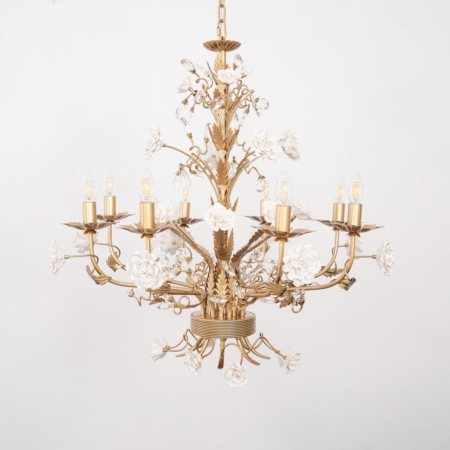 White Rose Crystal Chandelier 8 Heads Φ 31.5″ x H 29.5″ / Dia 80cm x H 75cm / Gold & White Chandelier