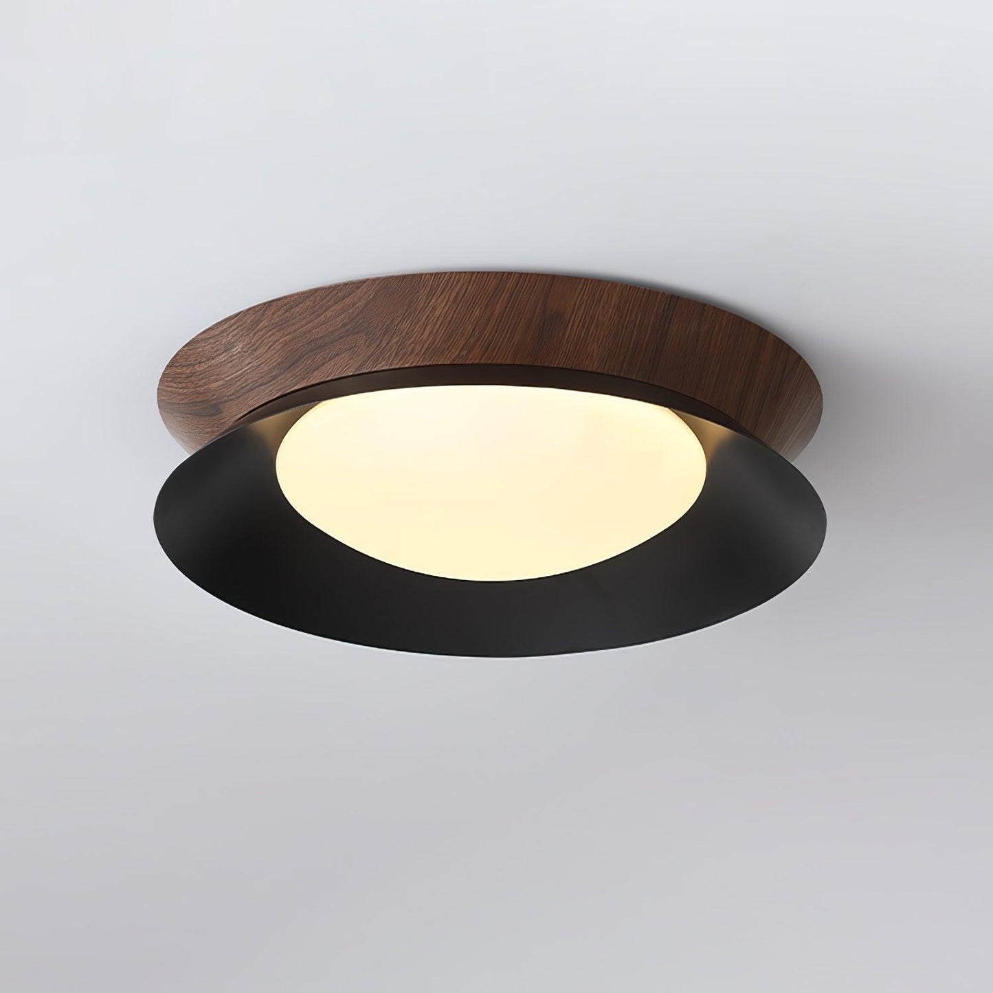 Double Half Round Ceiling Light ∅ 19.7″ x H 3.1″ / Dia 50cm x H 8cm / Walnut wood grain & Black / Warm Light Ceiling