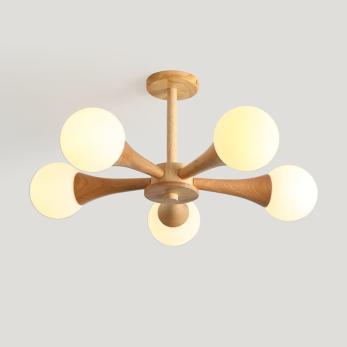 Wooden Nera Chandelier 5 heads ∅ 19.6″ x H 11.8″/ Dia 50cm x H 30cm / Wood & White Chandelier