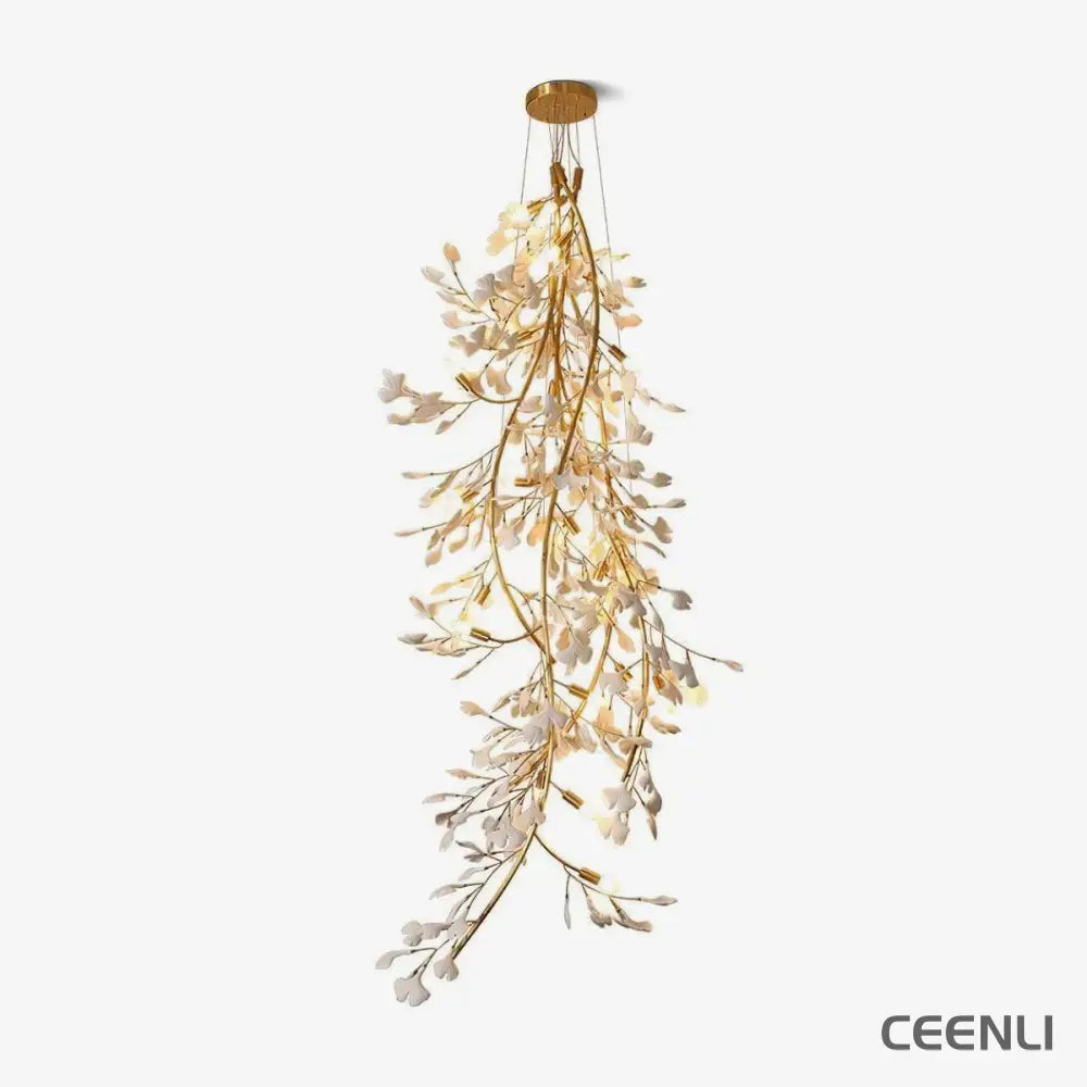 Gingko Long Branch Chandelier L 31.5″ x H 98.4″ / L 80cm x H 250cm / Gold & White Chandelier