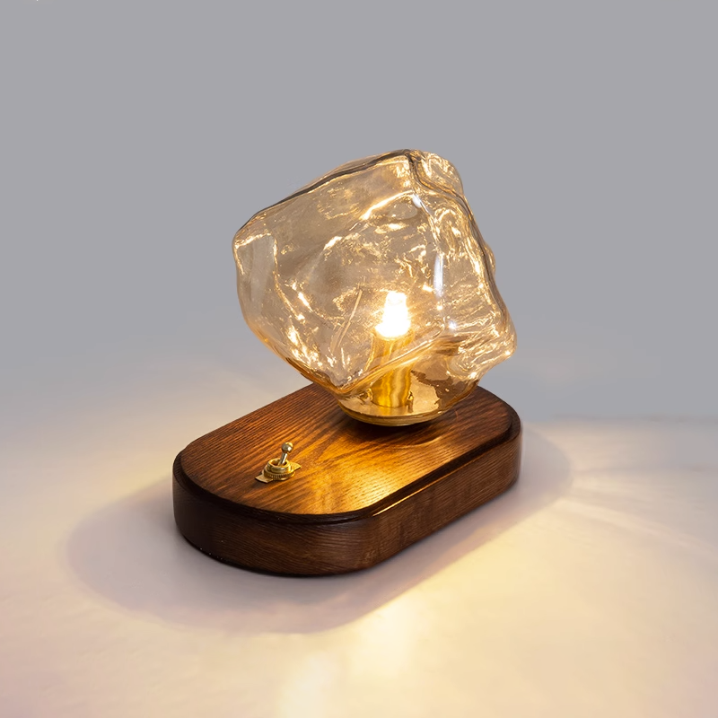 Ice Stone Glass Table Lamp L 7.9″ x W 4.7″ x H 5.9″ / L 20cm x W 12cm x H 15cm / Amber & Dark wood / US plug Table lamp