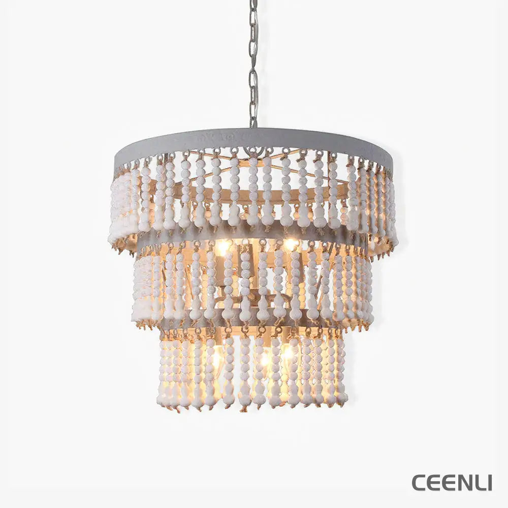 Three Tiered Wood Beaded Chandelier Φ 21.7″ x H 18.9″ / Dia 55cm x H 48cm / Old white Chandelier