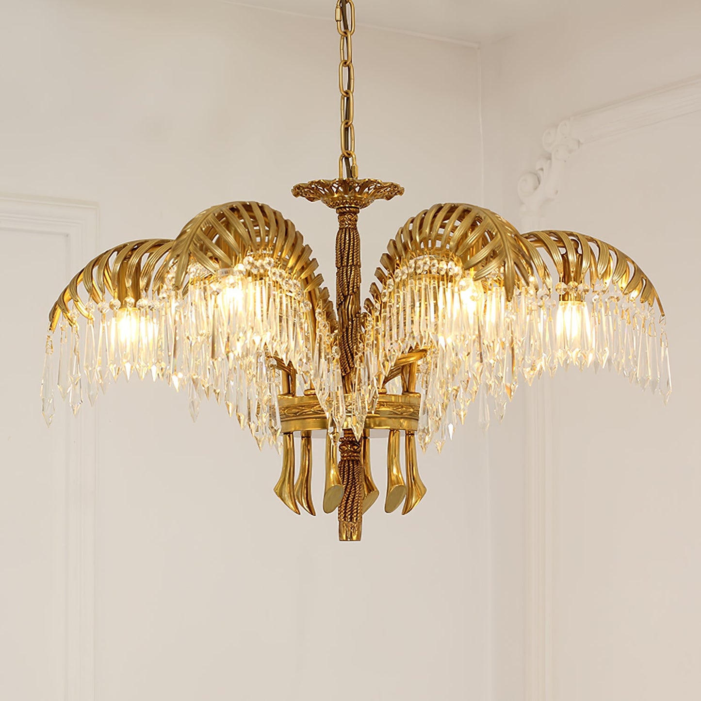 Brass Palm Leaf Crystal Chandelier