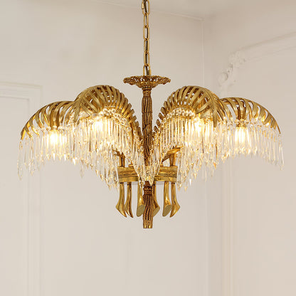 Brass Palm Leaf Crystal Chandelier