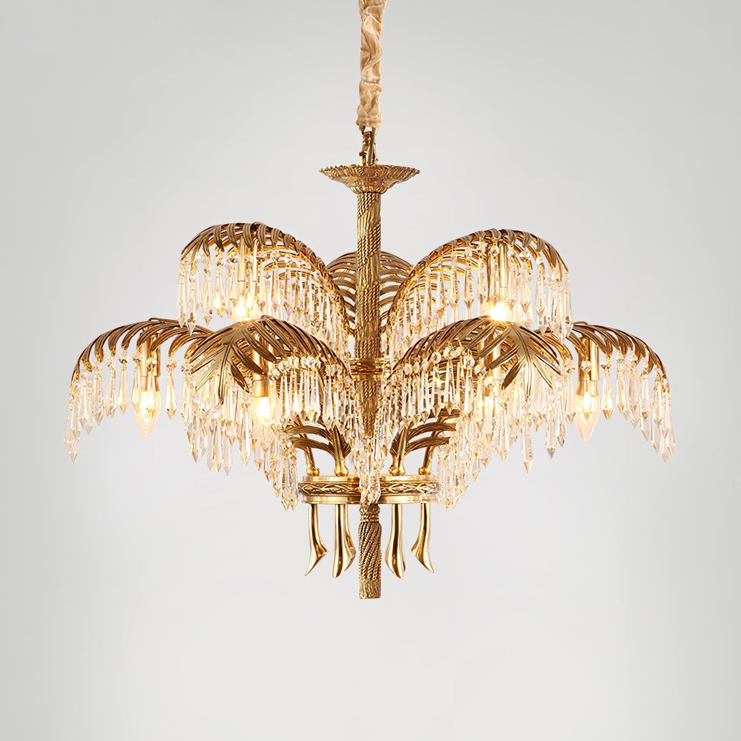 Brass Palm Leaf Crystal Chandelier