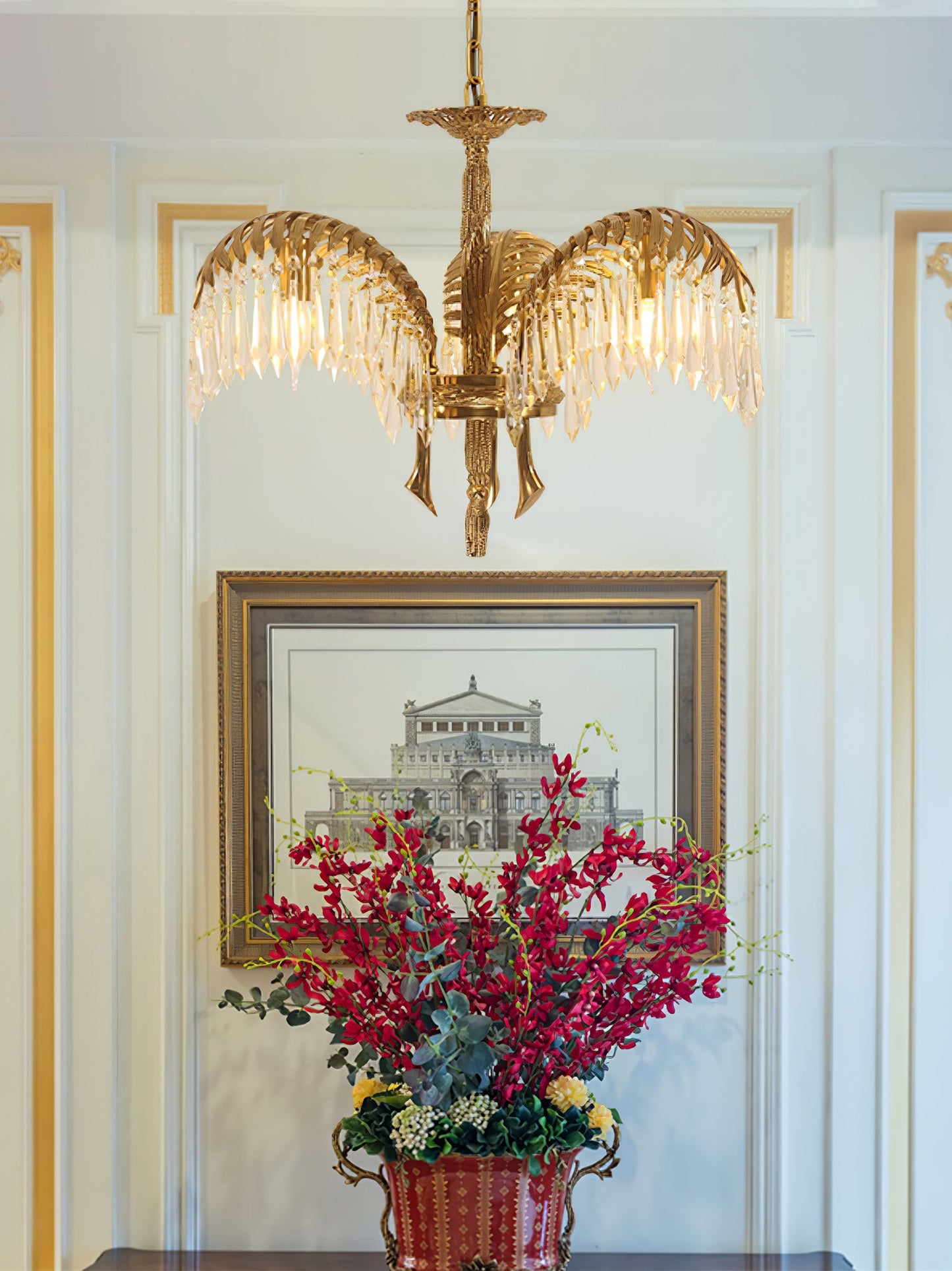 Brass Palm Leaf Crystal Chandelier