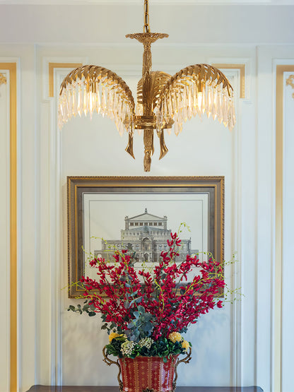 Brass Palm Leaf Crystal Chandelier